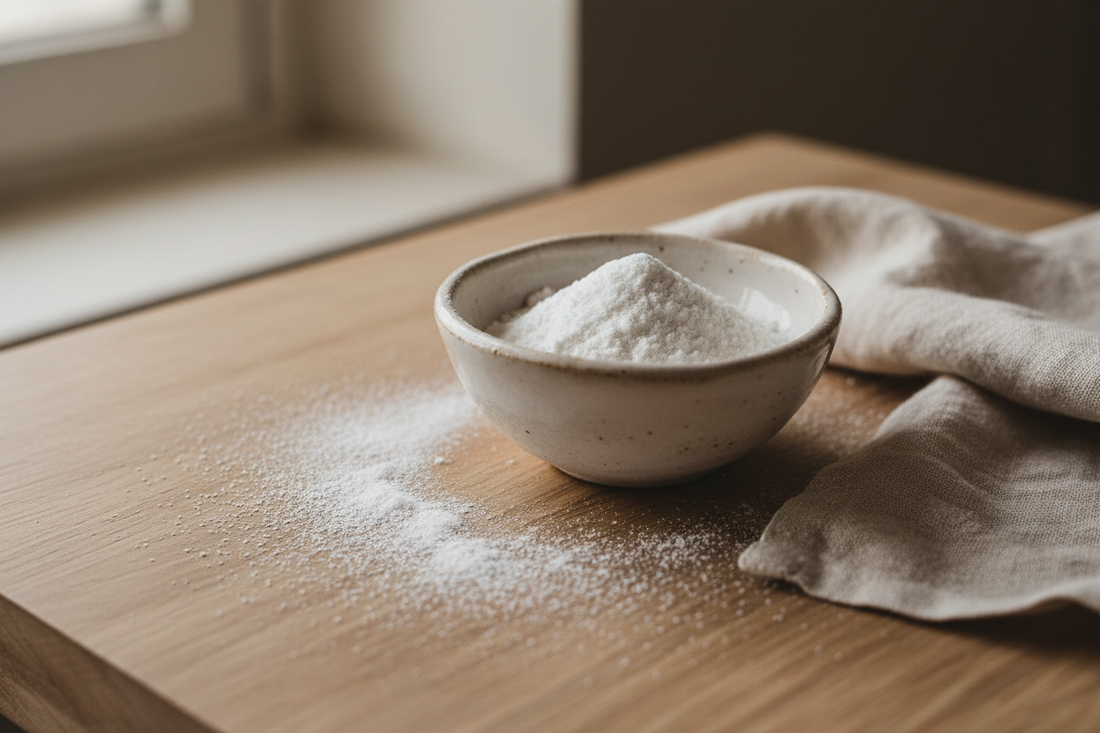 Bicarbonate of soda powder in a ceramic bowl with light dusting on a wooden surface