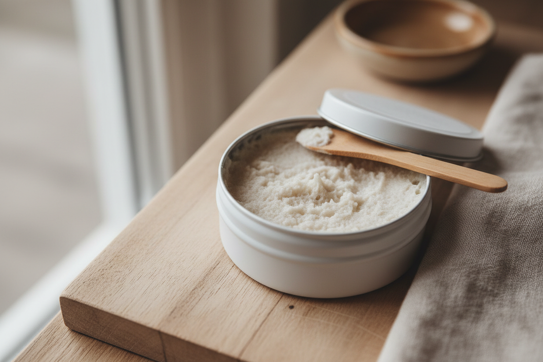 Open tin of natural deodorant balm with a visible grainy texture on a wooden surface