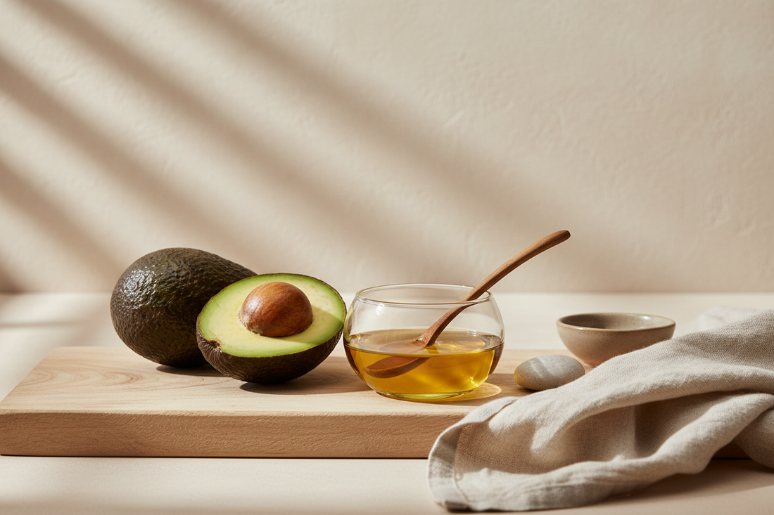 Avocado and a glass bowl of oil on a wooden board in soft natural light.