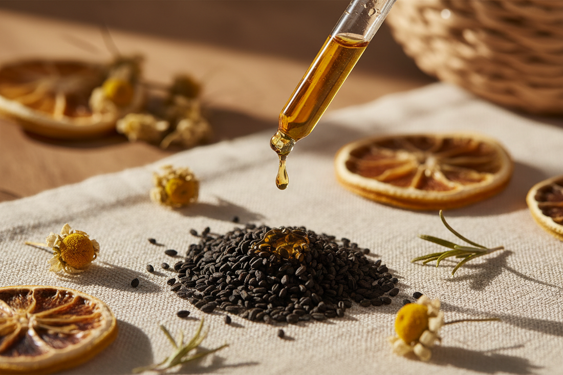 Dropper applying black seed oil onto black seeds surrounded by dried citrus slices and herbs on linen fabric.
