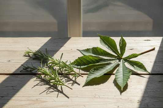 Fresh rosemary sprigs and castor leaves on a wooden surface in natural daylight