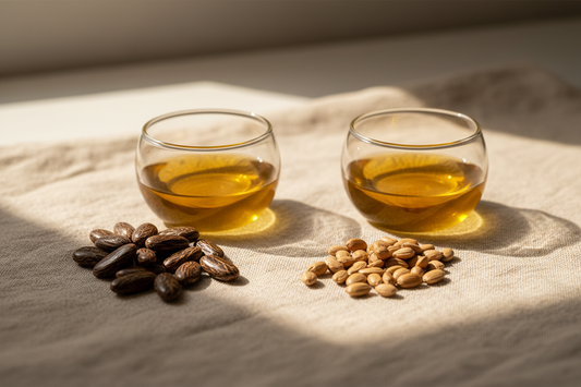 Castor oil and jojoba oil in small glass bowls with castor beans and jojoba seeds on linen cloth
