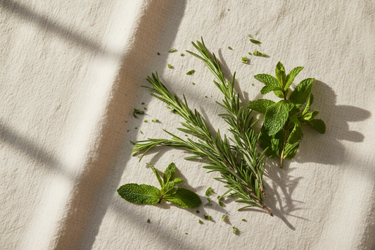 Rosemary and mint herbs arranged naturally on a neutral textured background in soft daylight