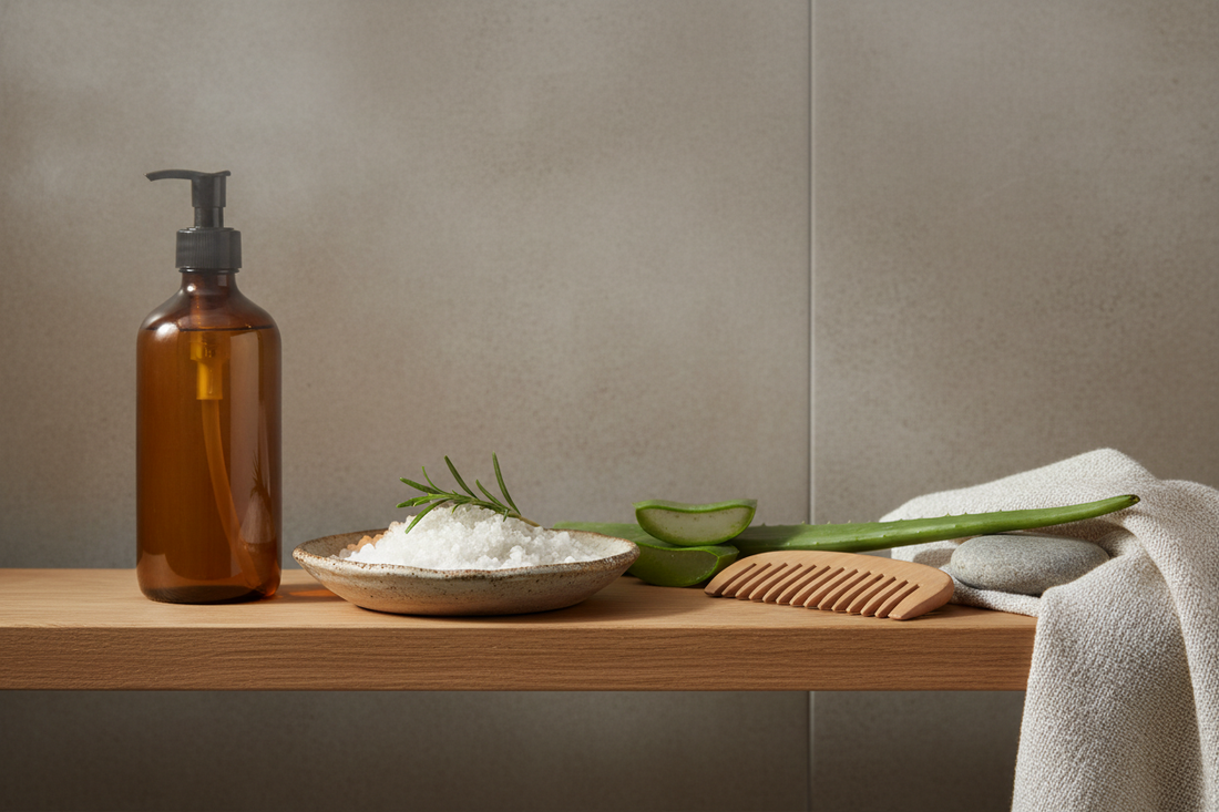 Natural scalp cleansing setup with apple cider vinegar, sea salt scrub, aloe vera leaf and wooden comb on bathroom shelf