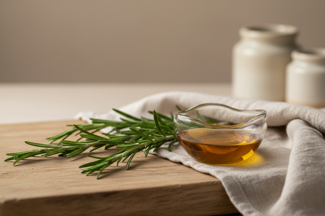 Rosemary oil in a glass bowl with fresh rosemary sprigs on a wooden surface