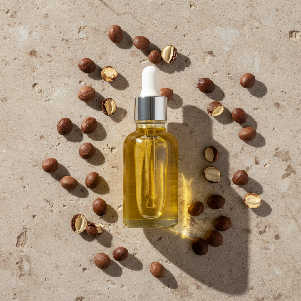 Top-down flat lay of golden jojoba oil in a clear glass dropper bottle surrounded by raw brown jojoba seeds on a natural stone surface, with soft diffused daylight and earthy neutral tones.